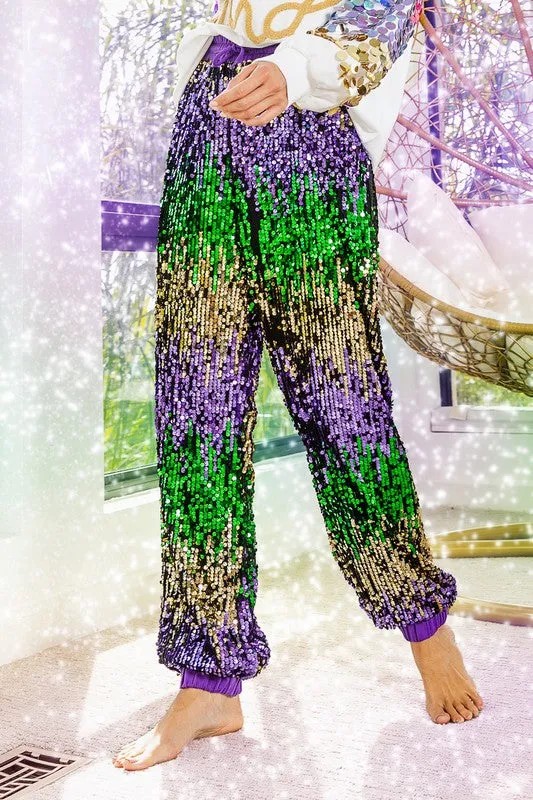 Purple Mardi Gras Sequin Color Block Pants